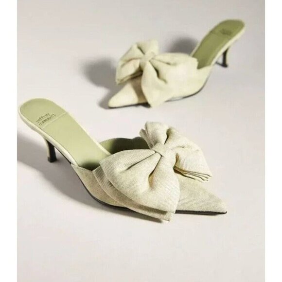 New in Box Jeffrey Campbell Ribbon Fabric Heels Dusty Green Denim SZ 10